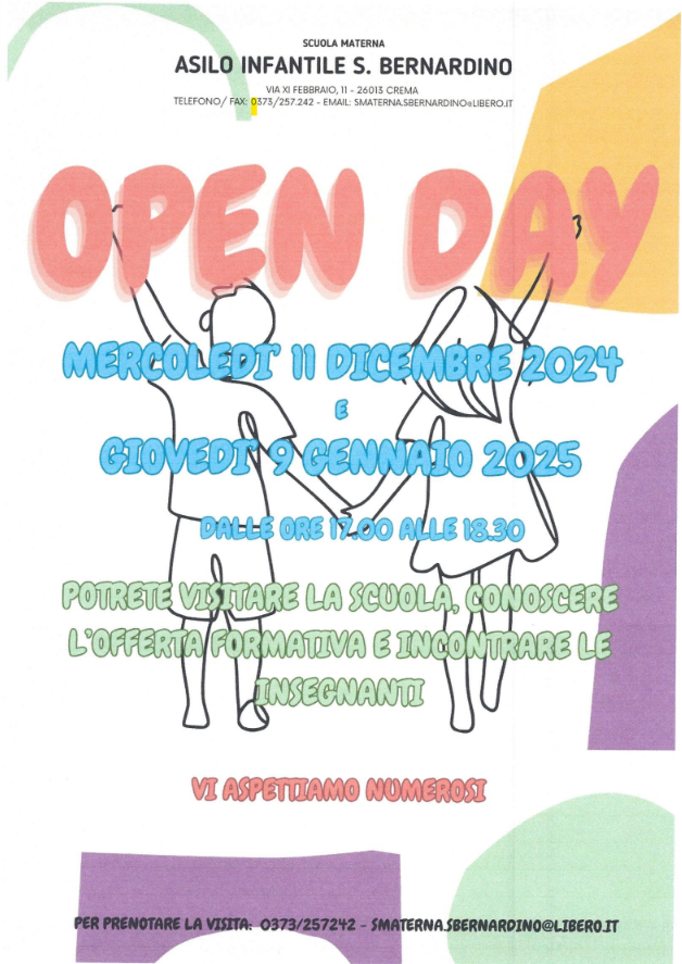 OPEN DAY 2024 MERCOLEDI’ 11 DICEMBRE 2024 DALLE ORE 17,00 ALLE ORE 18,30 GIOVEDI’ 9 GENNAIO 2024 DALLE ORE 17,00 ALLE ORE 18,30